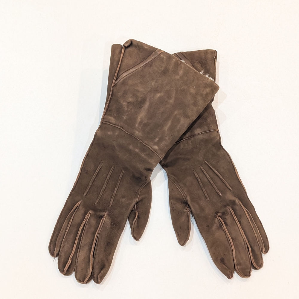 Vintage Brown Suede Gloves Furr Lined Size - M